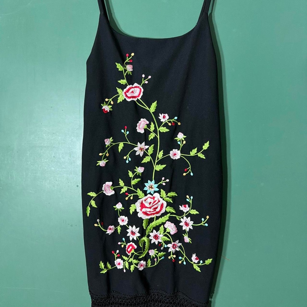 Hugo Buscati Vintage Flapper Midi Dress Black Floral Embroidered Fringe Medium